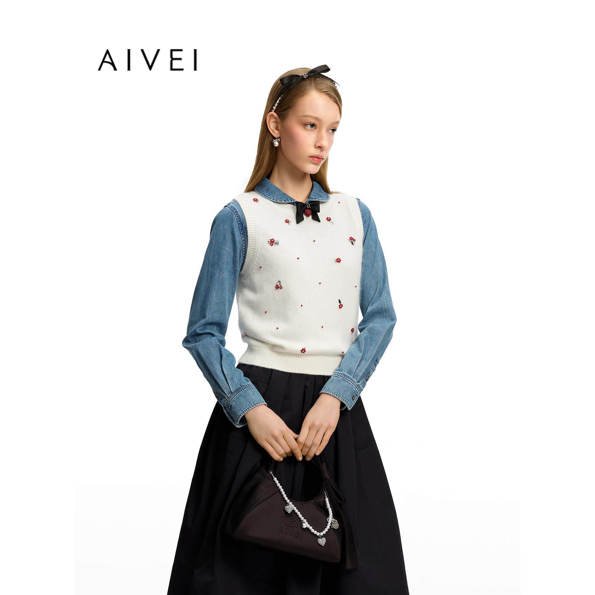 AIVEI欣贺艾薇2026秋季新复古文艺少女学院钉珠针织背心XSV5M01S