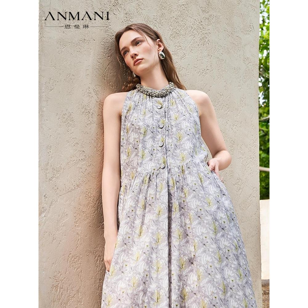 ANNMEL恩曼琳25夏季新款碎花挂脖收腰系带度假纯棉连衣裙EANFBA43