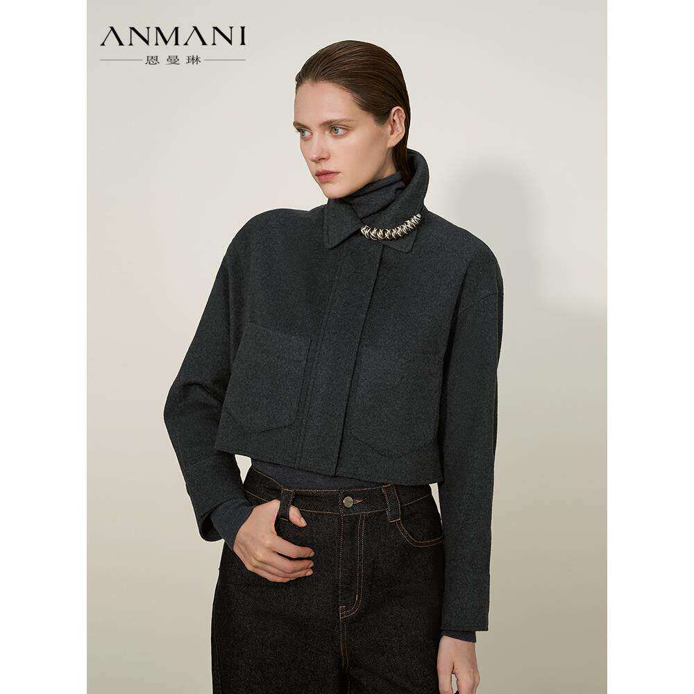 ANNMEL恩曼琳25冬季新款典雅小翻领羊绒毛呢大衣截短外套ERA7D08B
