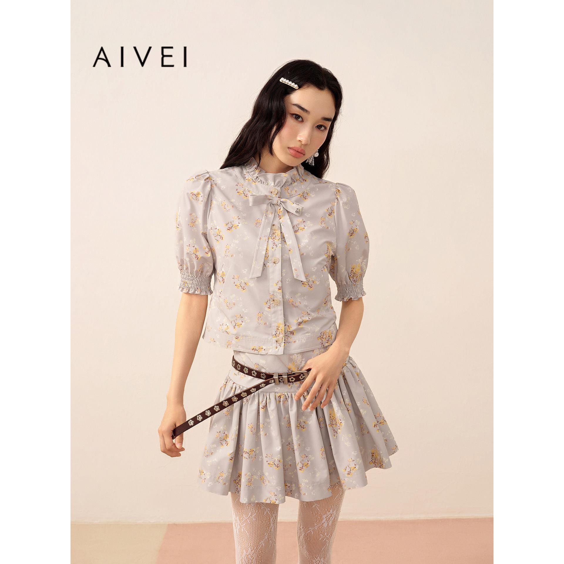 AIVEI欣贺艾薇2026秋季新文艺田园风泡泡袖印花衬衫上衣XSV5S02A