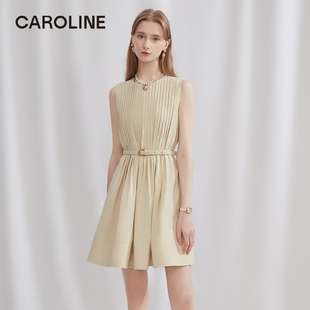 CAROLINE卡洛琳2024夏季新款立体褶收腰无袖圆领连衣裙ECREBA66