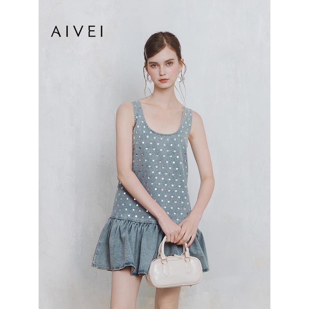 AIVEI欣贺艾薇2025夏季新少女可爱小个子水钻牛仔背带裙S725901A