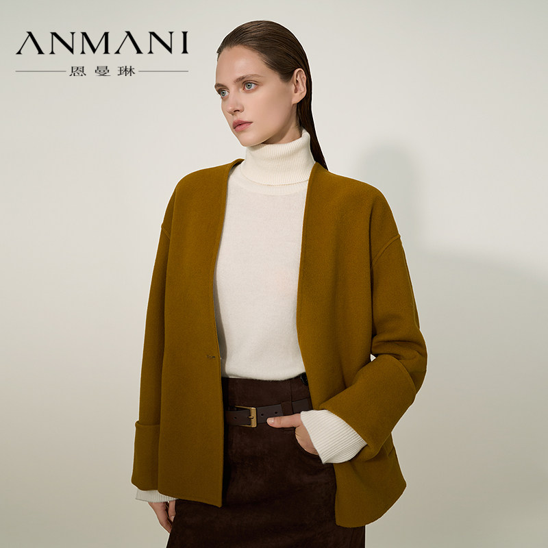 ANNMEL恩曼琳25冬季新款绵羊毛简约翻折袖V领毛呢外套EQA7D03B