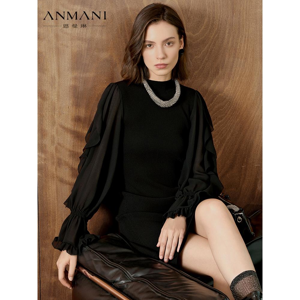 ANMANI恩曼琳25秋冬季新款时尚拼接修身半高领针织连衣裙ERA7Z01C