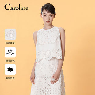 Caroline卡洛琳2025夏季新款清新镂空绣花圆领无袖上衣ECRFBC01