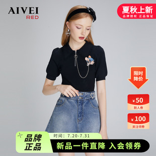 毛針織衫 AIVEI欣賀艾薇夏新娃娃領(lǐng)卡通胸針拉鏈修身 P0360023