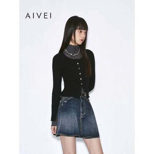 AIVEI欣贺艾薇2025冬季修身针织开衫简约气质圆领针织衫XRV7M32A