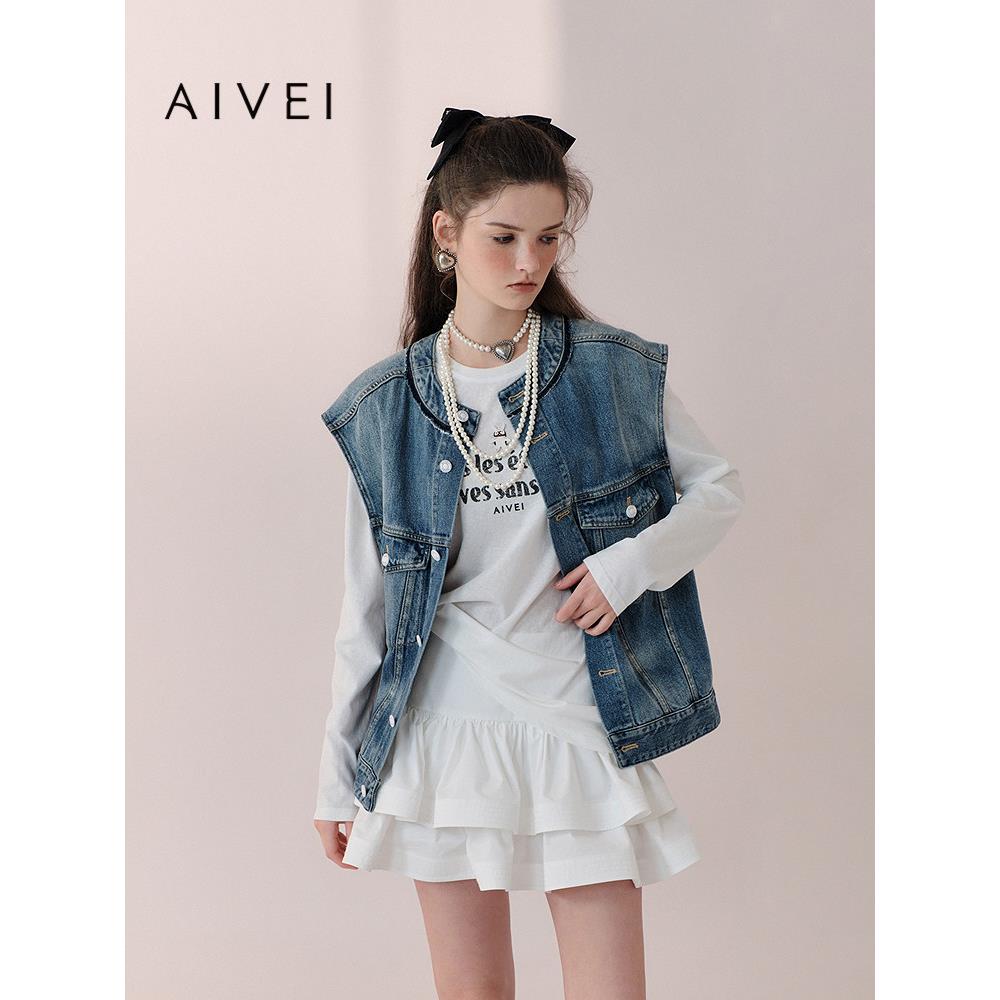 AIVEI欣贺艾薇2026春季新复古高街休闲无袖牛仔外套坎肩XSV1J01B