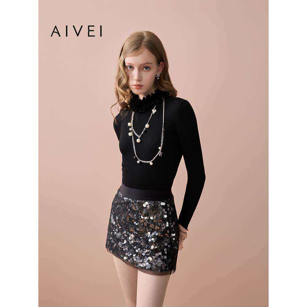 AIVEI欣贺艾薇2025秋季新宫廷风花边领条坑打底针织衫XRV5M53B