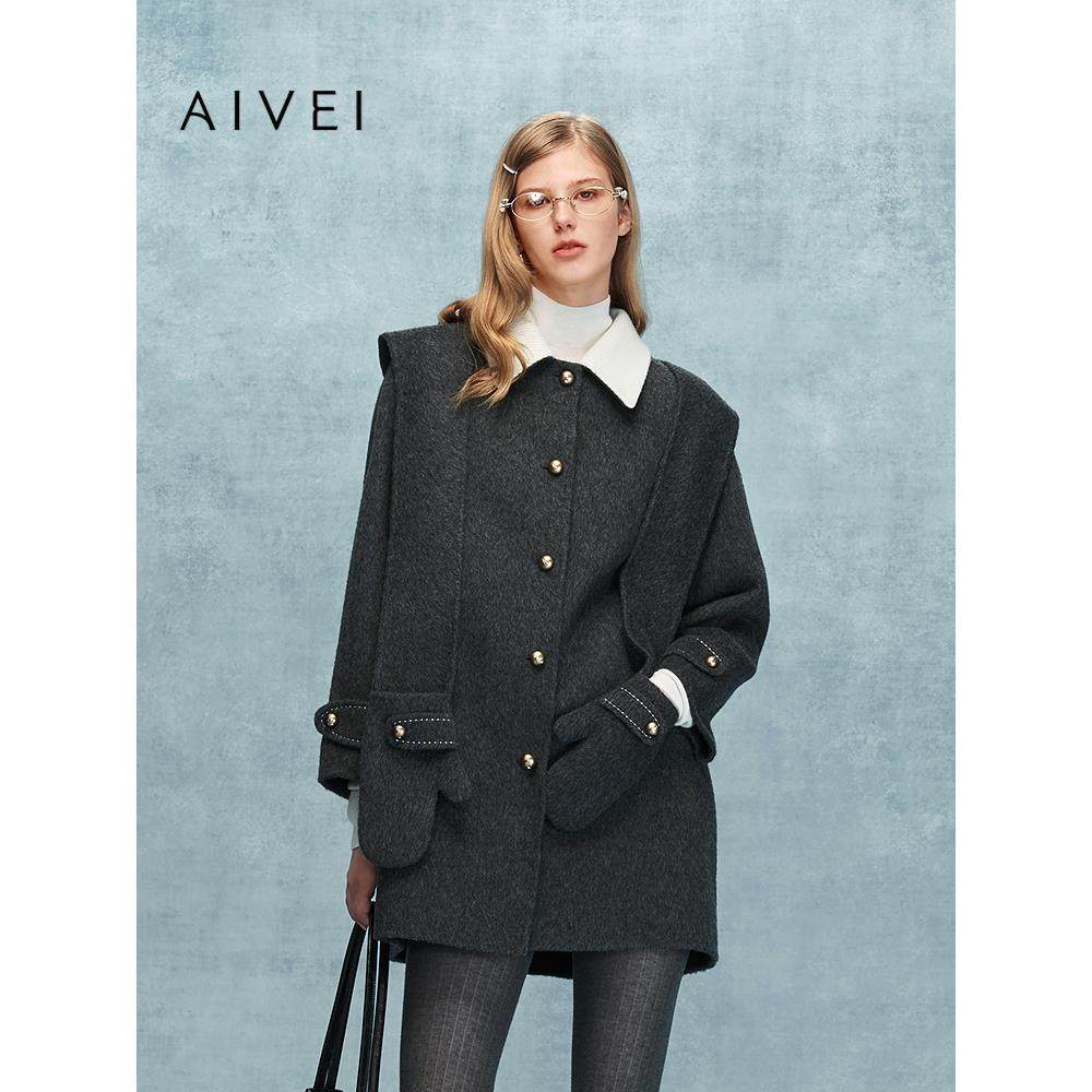 AIVEI欣贺艾薇2025冬季减龄学院少女感连帽手套毛呢外套XRV7D12A