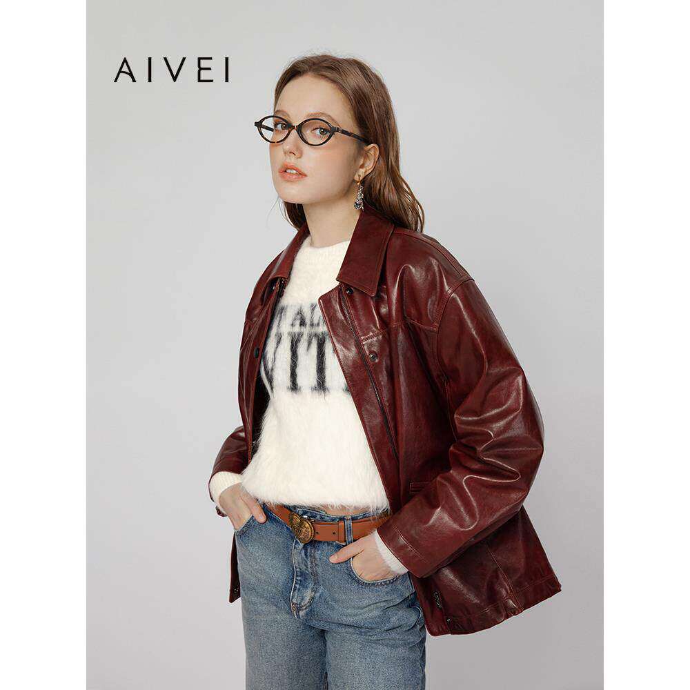 AIVEI欣贺艾薇2025春季美式复古休闲安可拉红风皮衣外套S710505B