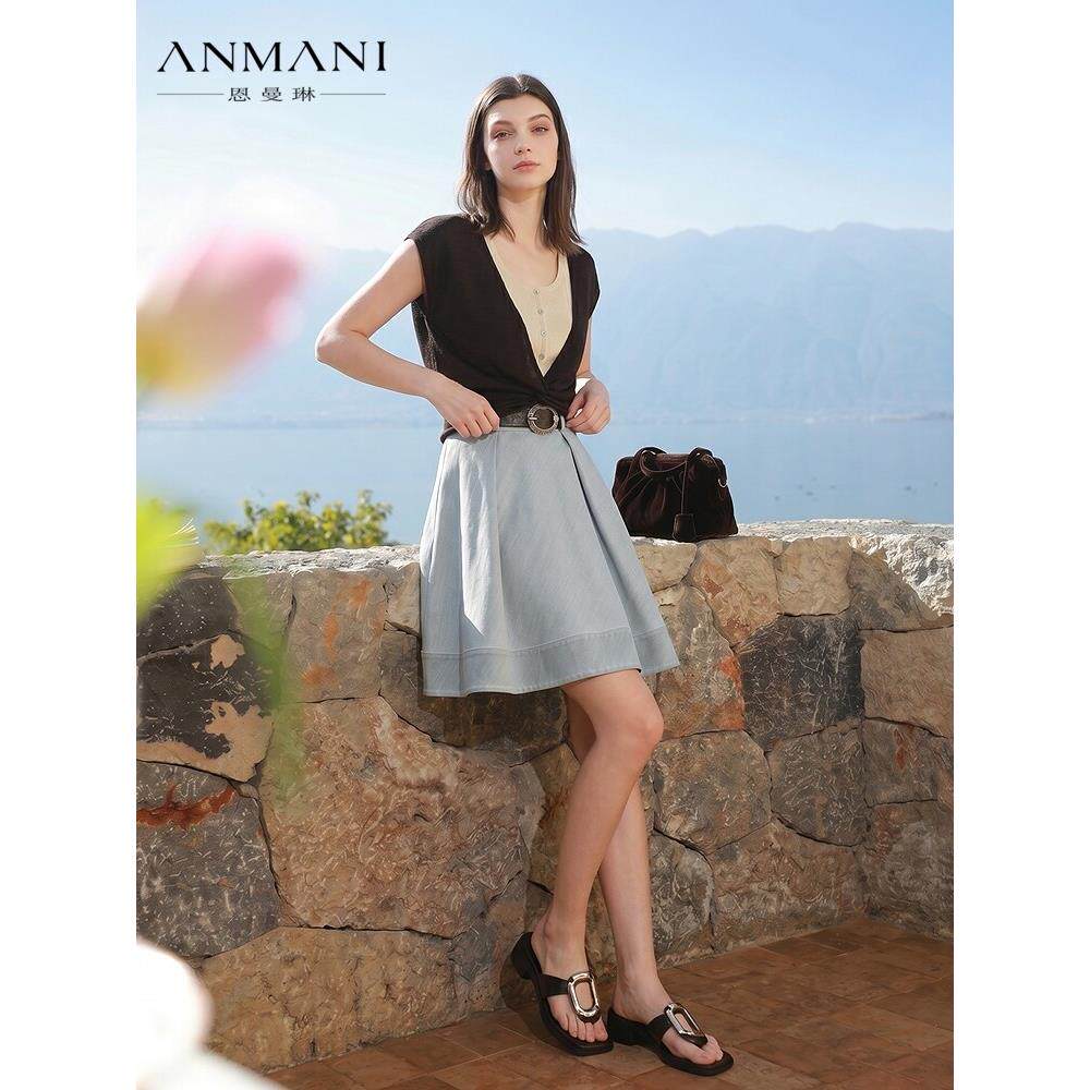 ANMANI恩曼琳26夏季新款定制皮带短款复古牛仔伞裙半身裙ESA3Q05C