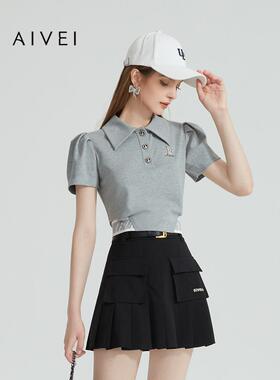 AIVEI欣贺艾薇夏季新减龄甜酷休闲学院截短露腰POLO领T恤R036S013