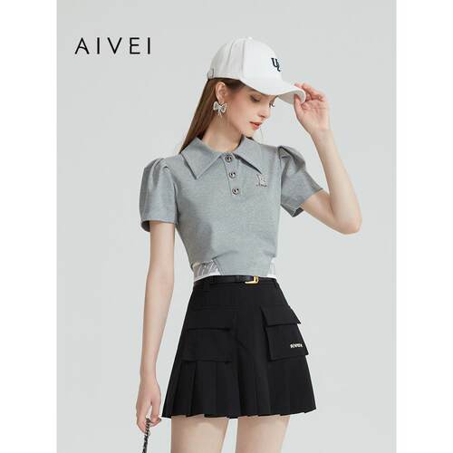 AIVEI欣贺艾薇夏季新减龄甜酷休闲学院截短露腰POLO领T恤R036S013