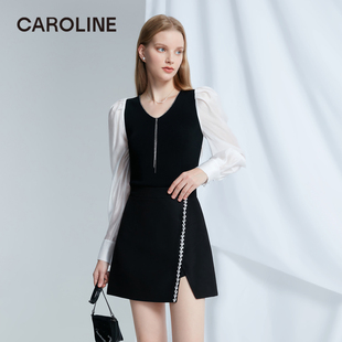 Caroline卡洛琳2024春季新款针梭拼接黑白色收腰毛针织衫ECREAA05