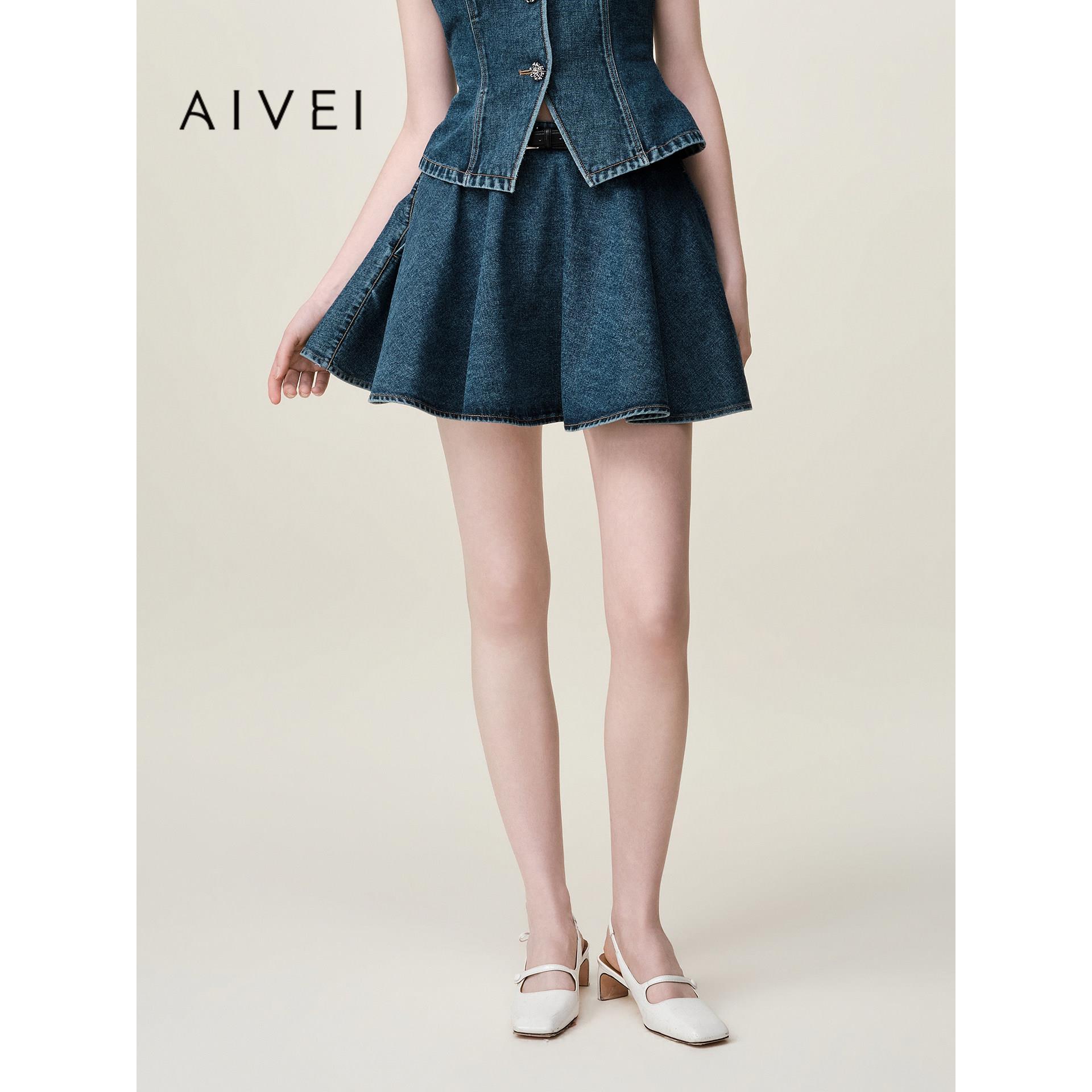AIVEI欣贺艾薇2026夏季小个子减龄显瘦廓形伞裙牛仔短裙XSV3Q15B