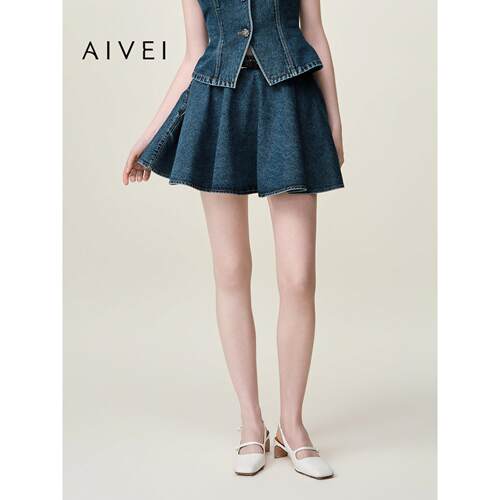 AIVEI欣贺艾薇2026夏季小个子减龄显瘦廓形伞裙牛仔短裙XSV3Q15B