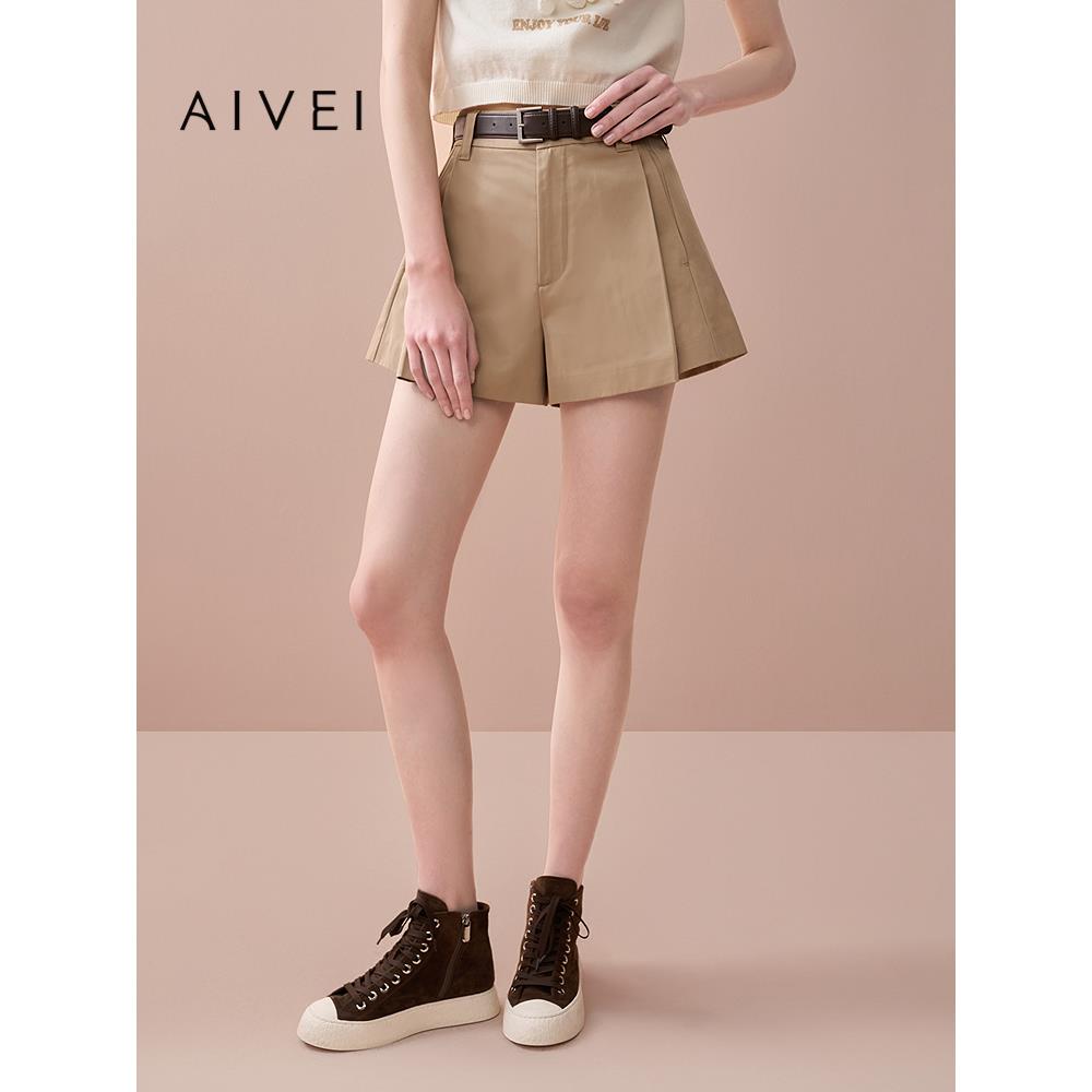 AIVEI欣贺艾薇2025秋季新休闲风卡其色褶裥显瘦阔腿短裤XRV4Y03A