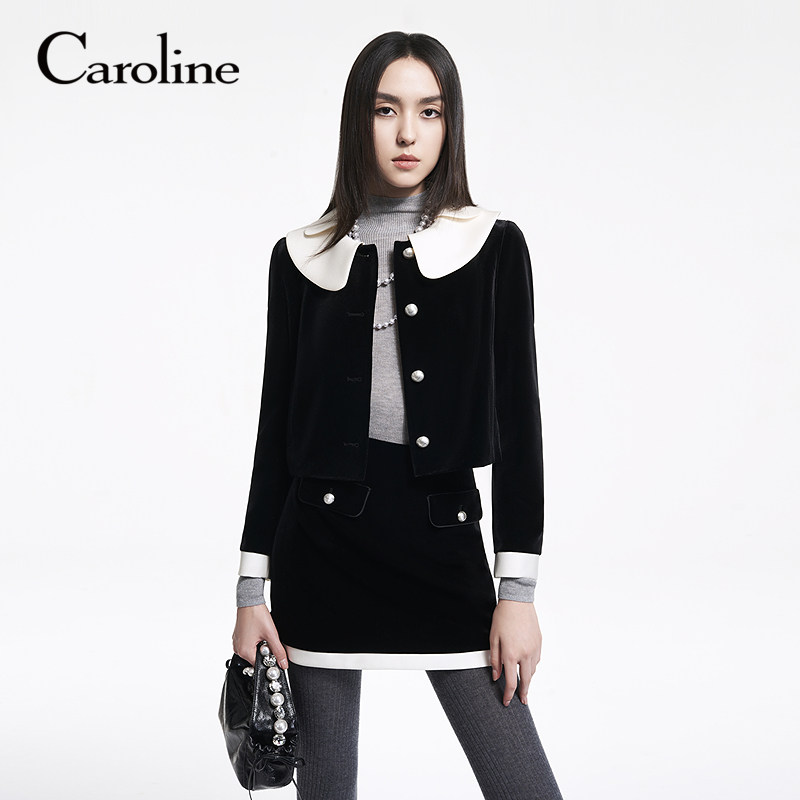 Caroline卡洛琳2025冬季新款优雅丝绒撞色半身裙A字短裙ERC7Q01A