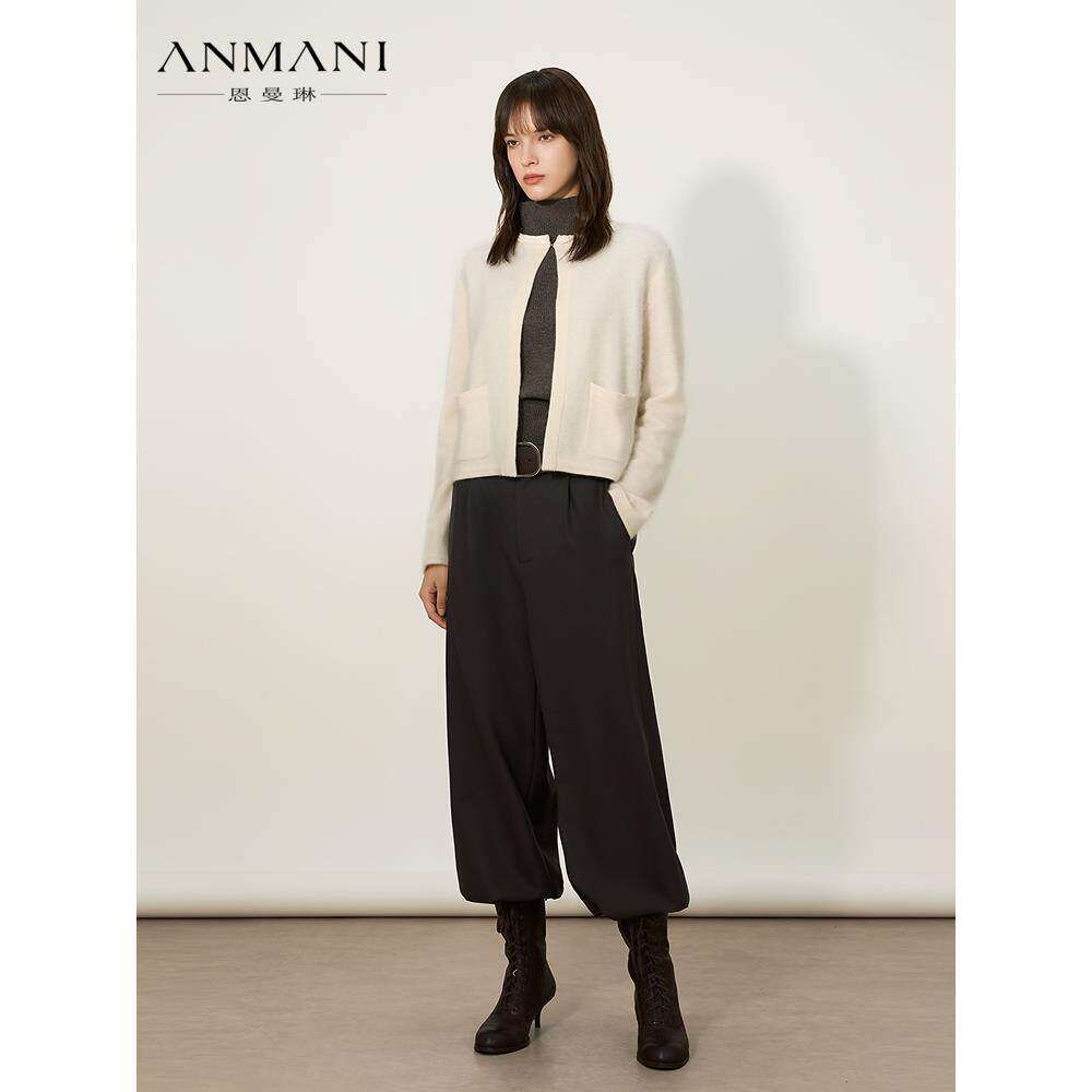ANNMEL恩曼琳25冬季新款亮片花边圆领绵羊毛针织开衫外套ERA7M04B