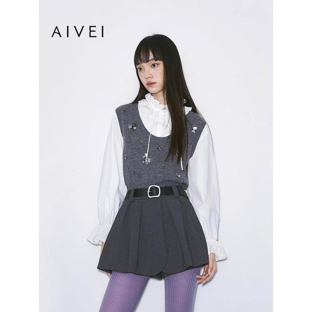 AIVEI欣贺艾薇2025冬季减龄百搭学院针织背心衬衫两件套XRV7M23A