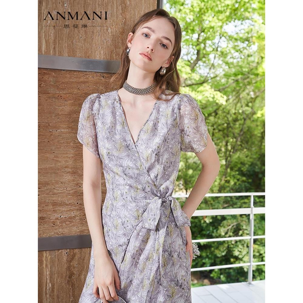 ANNMEL恩曼琳25夏季新款度假风碎花雪纺侧边系带连衣裙EANFBA48