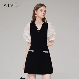 AIVEI欣贺艾薇夏新轻熟优雅泡泡袖V领显瘦针织连衣裙Q0360047