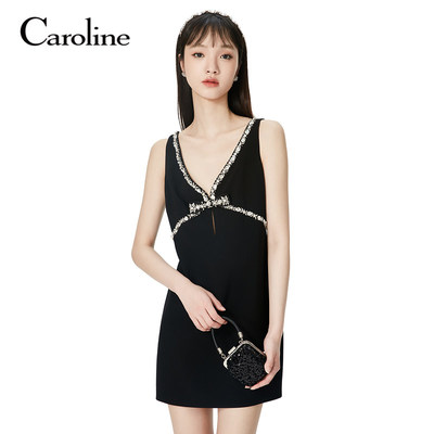 Caroline 商场明星同款秋季醋酸奢华镶钻黑桃A晚宴裙Q640104S