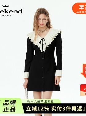 商场同款|卓雅周末2024春新款气质荷叶边V领蝴蝶结连衣裙Q201601C