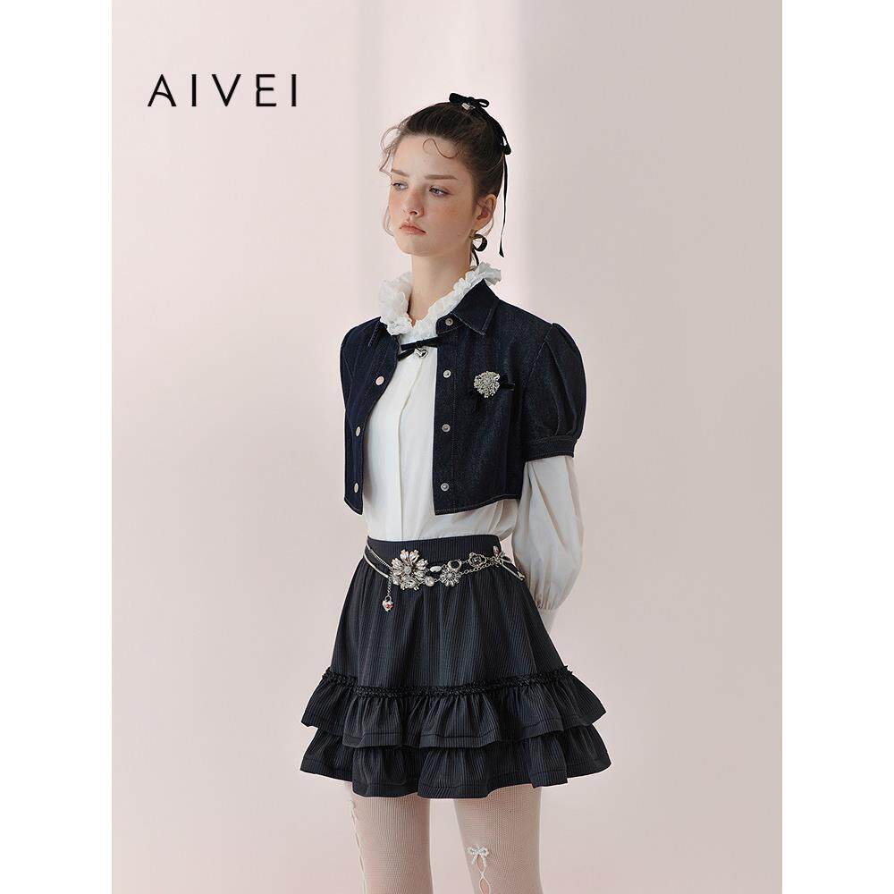 AIVEI欣贺艾薇2026春季新牛仔短外套少女甜辣小个子上衣XSV1S01C