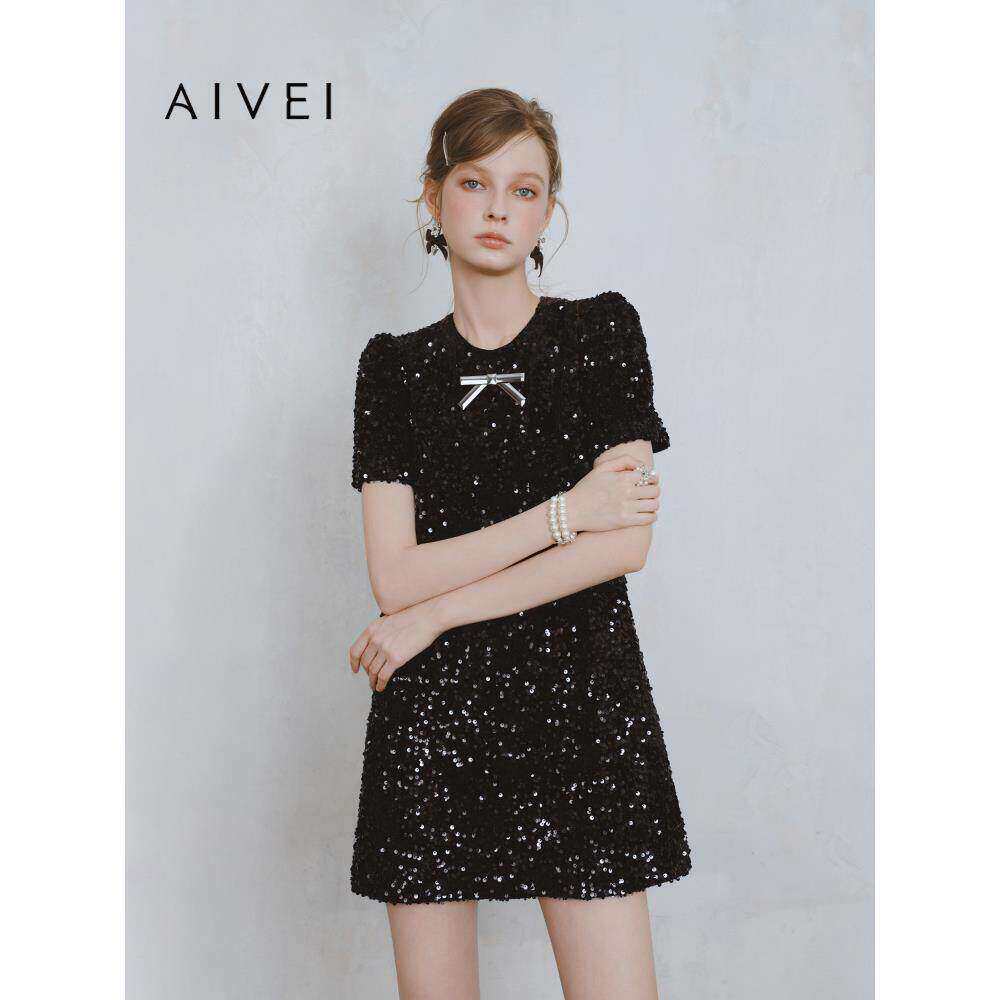 AIVEI欣贺艾薇2025春夏聚会派对轻奢亮片连衣裙小黑裙S712003A