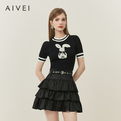 AIVEI欣贺艾薇春夏减龄甜妹兔子图案短袖正肩针织衫R016S053