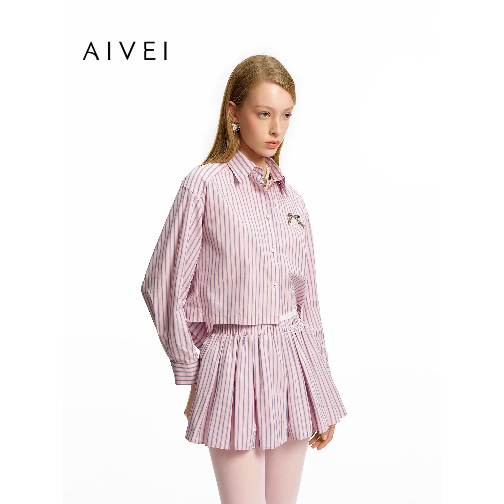 AIVEI欣贺艾薇2026秋季新少女甜酷休闲长袖条纹短款衬衫XSV5C03C