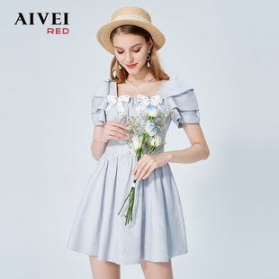AIVEI欣贺艾薇夏季新少女蝴蝶结收腰压花方领连衣裙P036S043