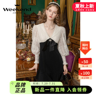 卓雅周末24春新款 溫莎記憶 V領(lǐng)蝴蝶結(jié)網(wǎng)紗蕾絲拼接荷葉邊連衣裙