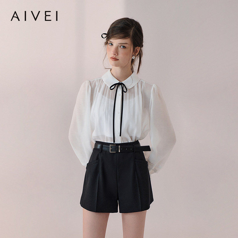 【考拉Cayla同款】AIVEI欣贺艾薇2026春季千金蕾丝袖透视白色衬衫