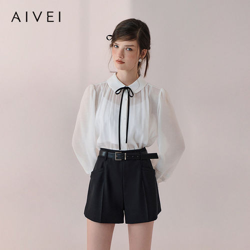【考拉Cayla同款】AIVEI欣贺艾薇2026春季千金蕾丝袖透视白色衬衫