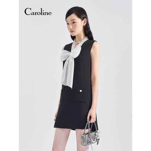 Caroline卡洛琳2026夏季新款轻职场欧根纱飘带领连衣裙ESC2L02A