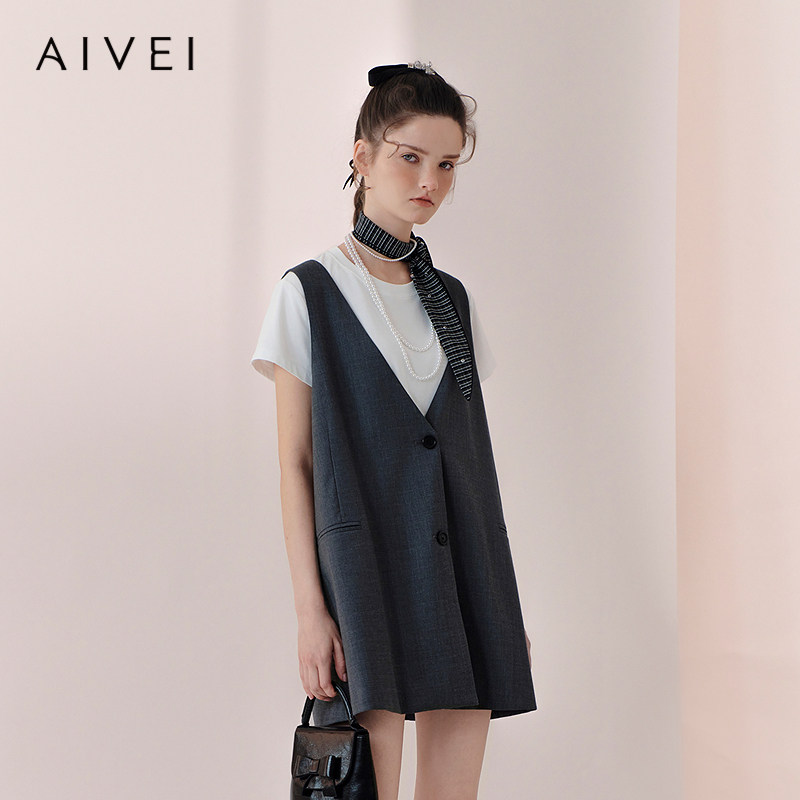 AIVEI欣贺艾薇2026春季韩系极简高智通勤宽松西装背心裙XSV1L19B