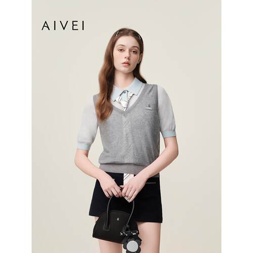 AIVEI欣贺艾薇2026夏季新英伦学院风减龄短袖针织两件套XSV3M03A
