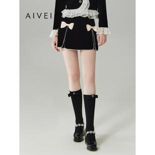 AIVEI欣贺艾薇秋季新甜美小香A字蝴蝶结丝绒短裙Q0560270