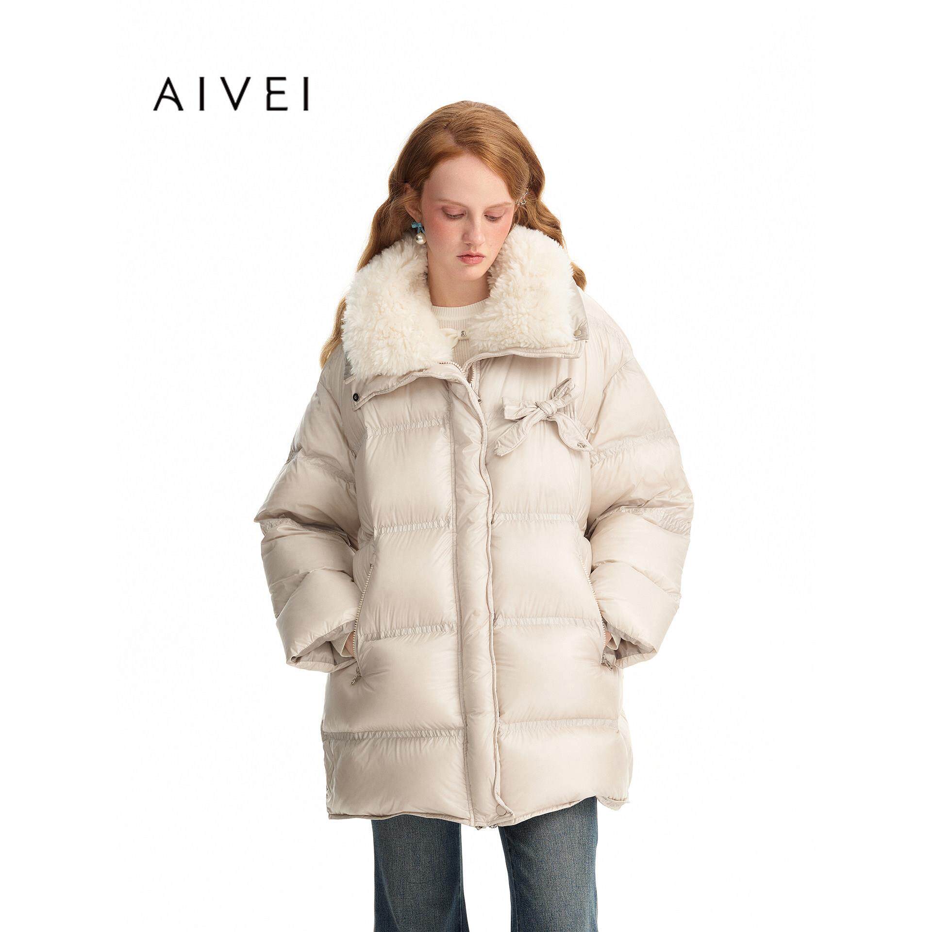 AIVEI欣贺艾薇2026冬季新通勤带毛翻领中长面包羽绒服XSV7G01A