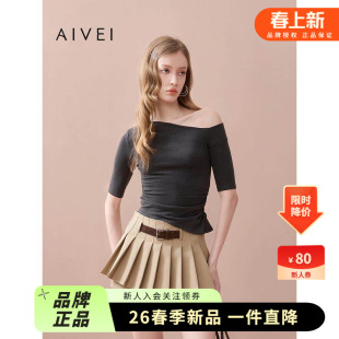 AIVEI欣贺艾薇2025夏季 甜辣不对称斜肩掐腰T恤上衣XRV3501B 美式