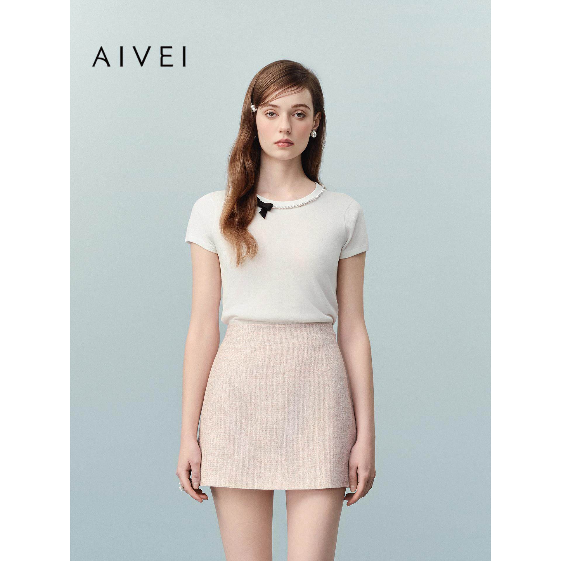 AIVEI欣贺艾薇2026夏季针织衫小香甜美气质钉珠短袖上衣XSV3M17B