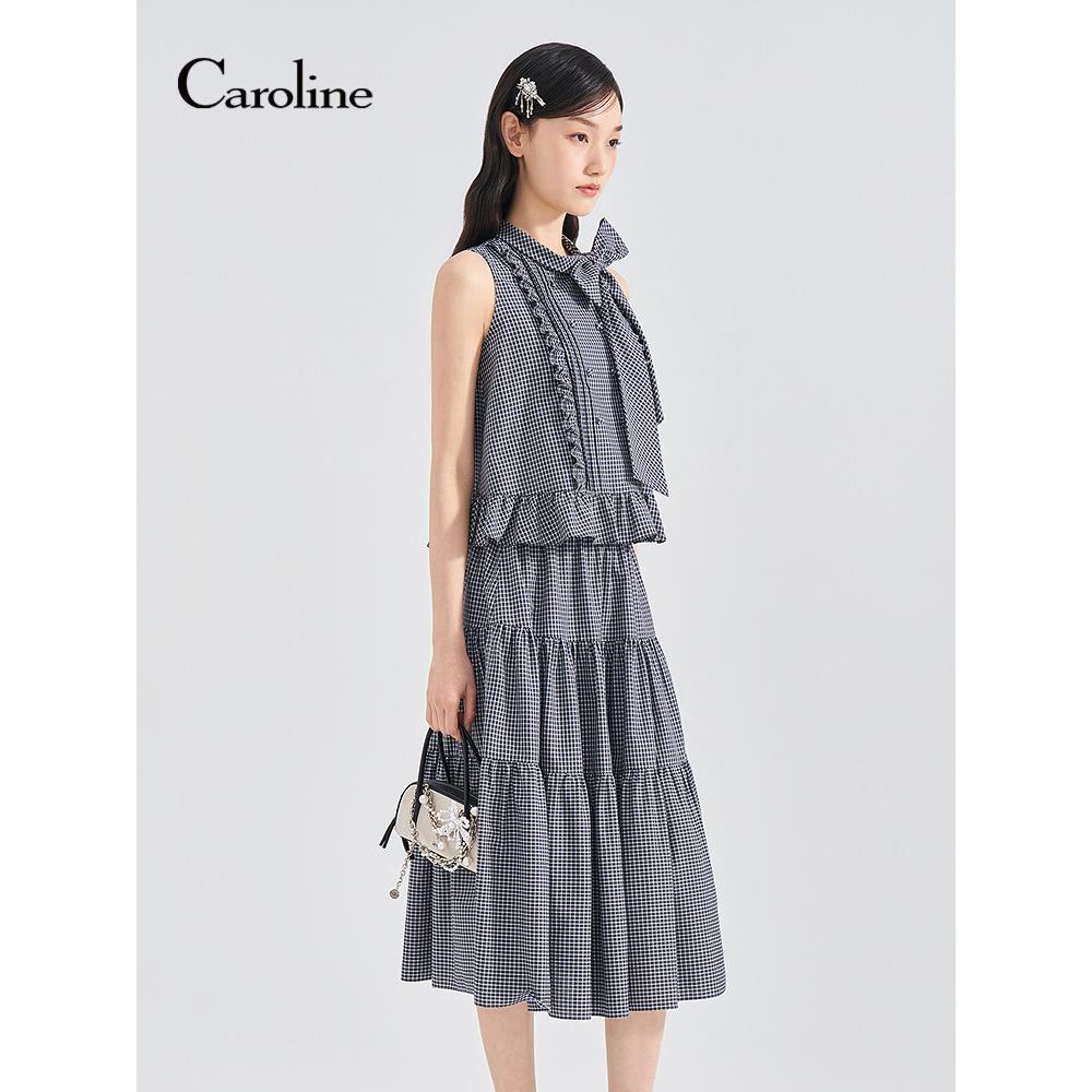 Caroline卡洛琳2026夏季新款黑白格纹木耳边无袖衬衫ESC3S01H