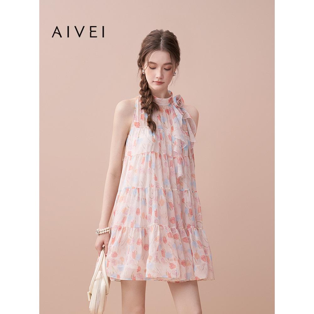 AIVEI欣贺艾薇2025夏季清新甜美蛋糕娃娃挂脖印花连衣裙XRV3L08A