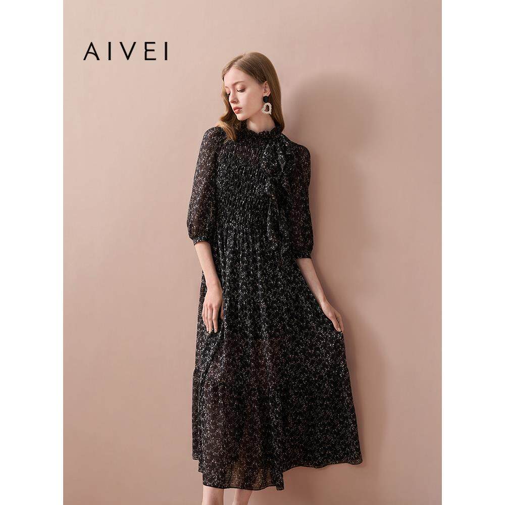 AIVEI欣贺艾薇2025秋季新法式轻熟知性雪纺碎花连衣长裙XRV4L19A
