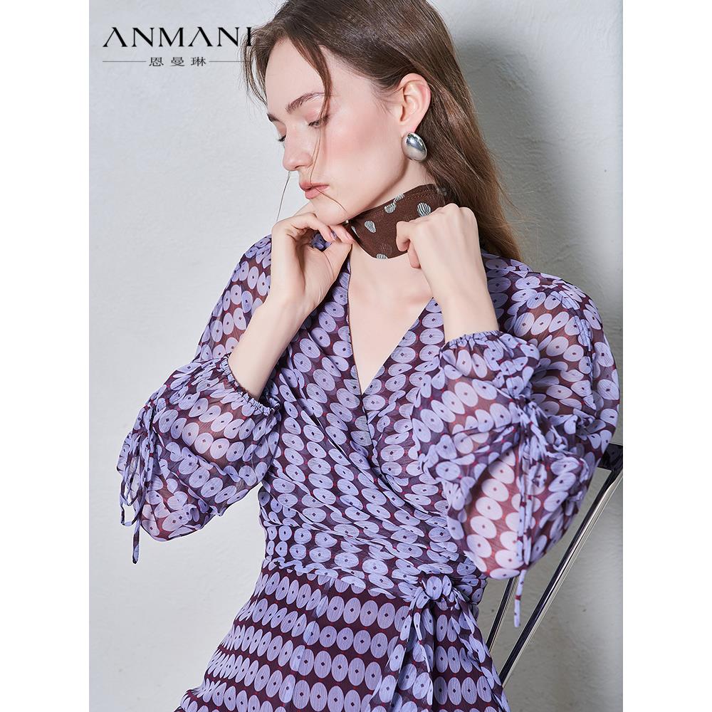 ANMANI恩曼琳25夏季新款轻薄飘逸紫色印花雪纺套装ERA3H01A