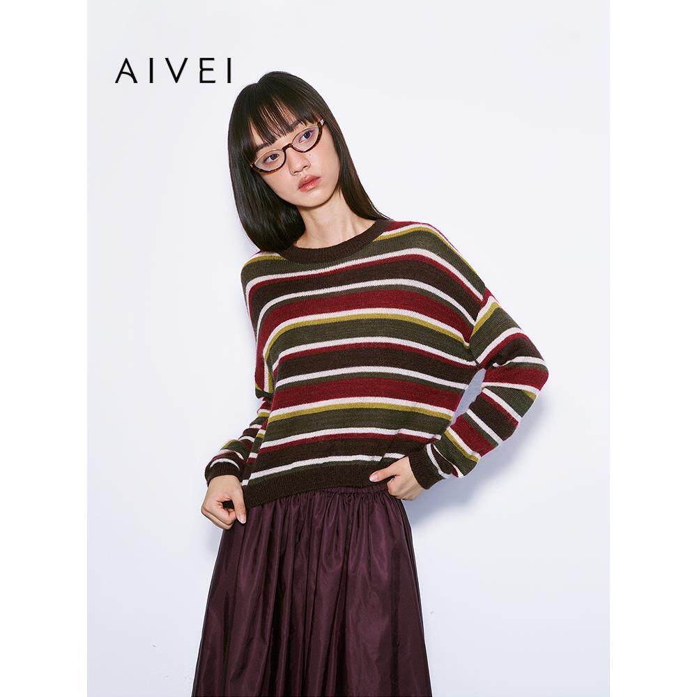AIVEI欣贺艾薇2025冬季新慵懒复古毛衣山系撞色条纹针织XRV7M46A