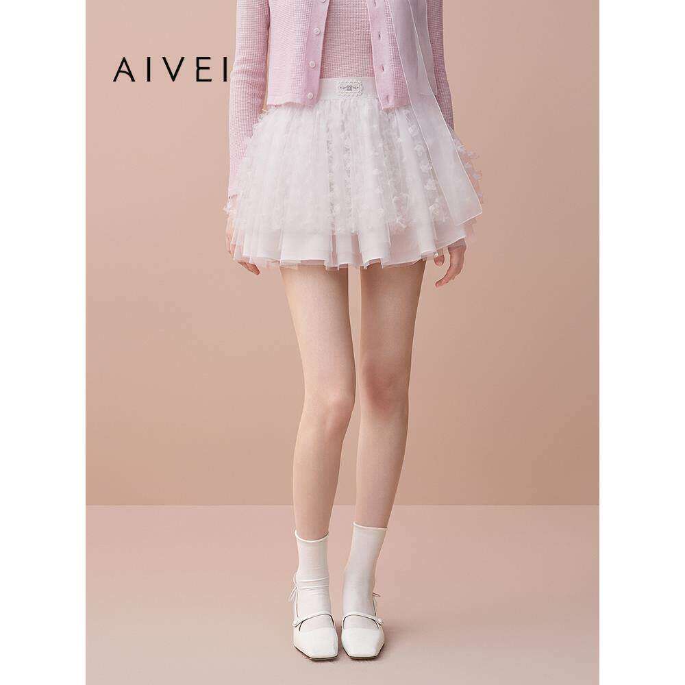 AIVEI欣贺艾薇2025早秋新甜美芭蕾风透视网纱蓬蓬伞裙XRV5Q45A